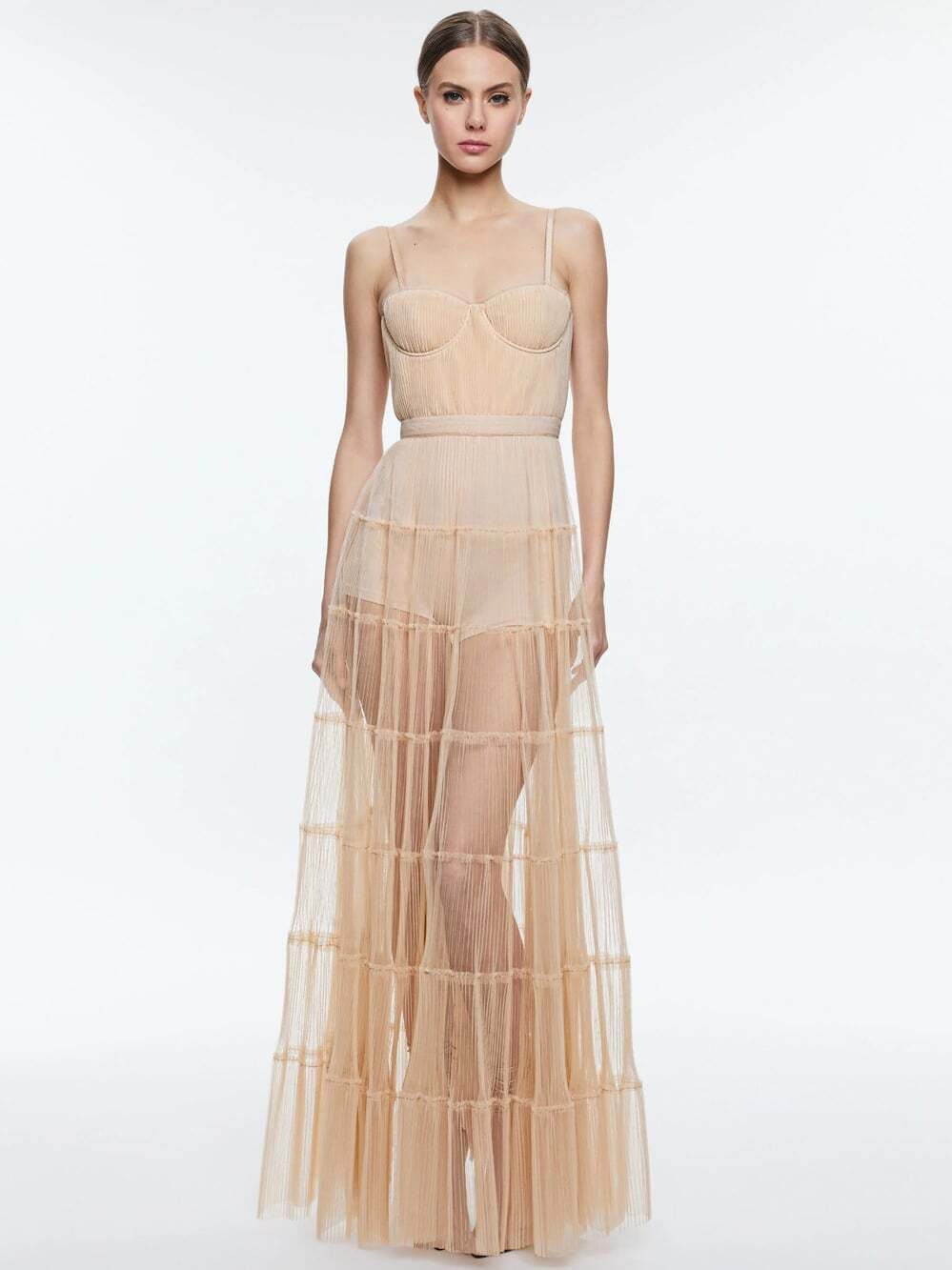 Alice + Olivia Deena Pleated Almond Maxi Dress With Hot Pant 0 NWT $660